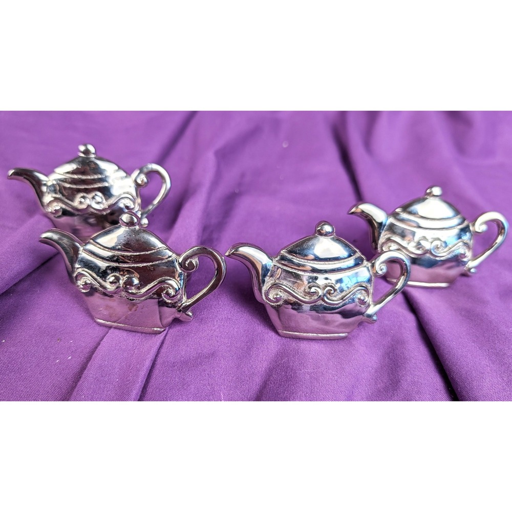 Vintage 90s Set of 4 Nickle Plate Teapot Napkin Rings Silver Tone from India